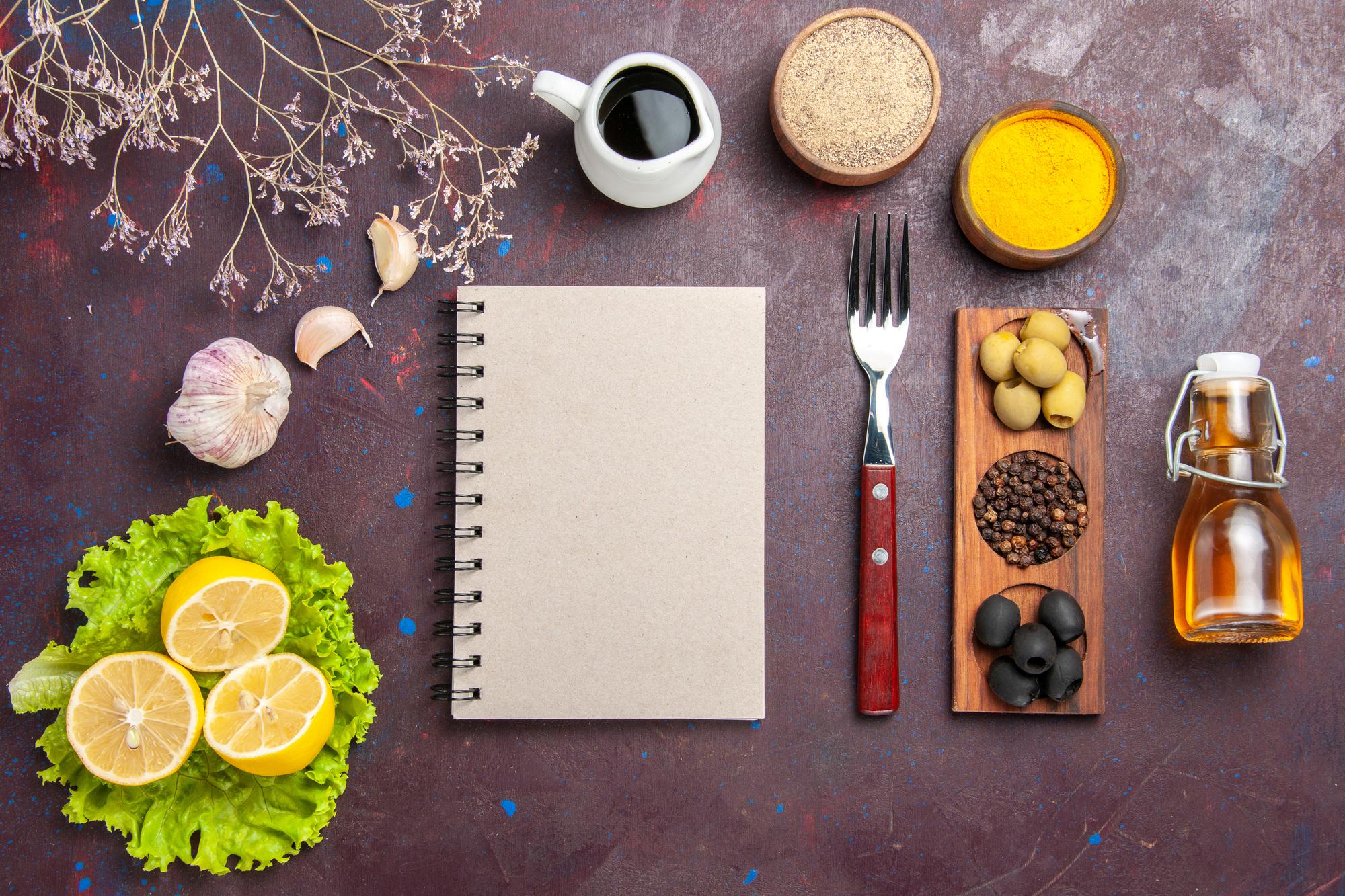Notebook with menu notes and tasting samples